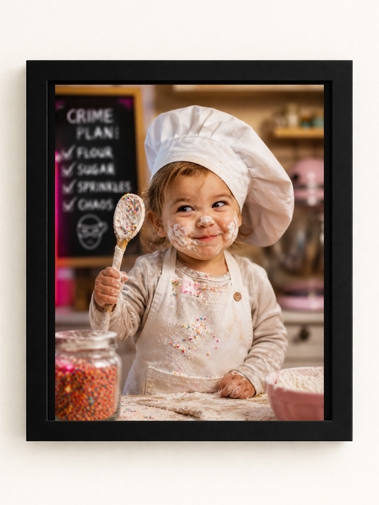 Hand Crafted Other - Kids Chef  A.I Art Print- Cute Little Baker in White Chef Hat. 8x10 Frame